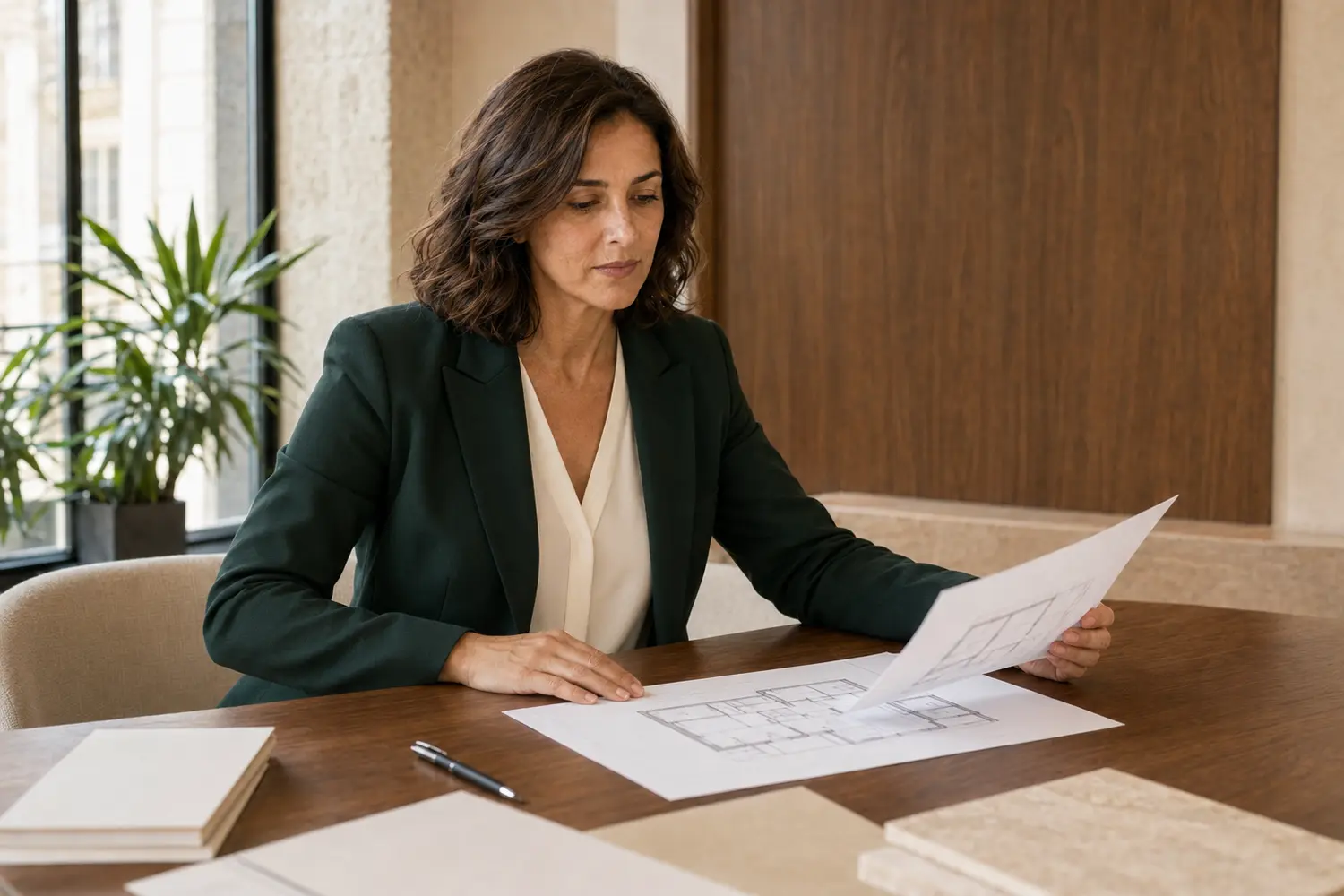 Revisión de planos y documentación inmobiliaria en el despacho.