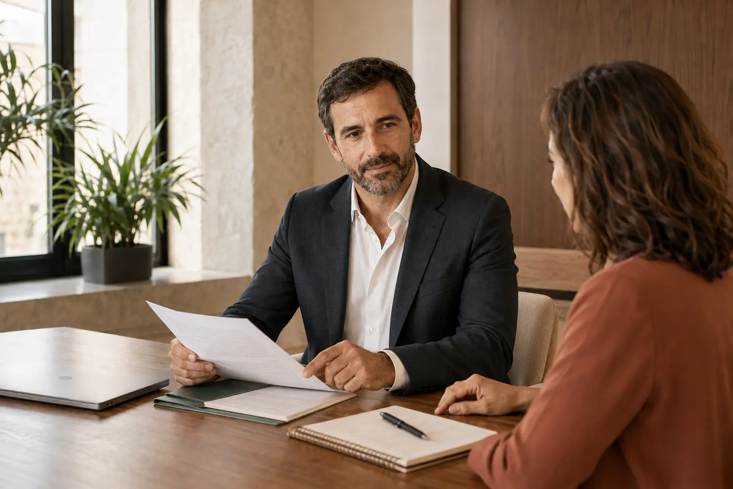 Tomás Riera revisa documentación empresarial con una clienta.